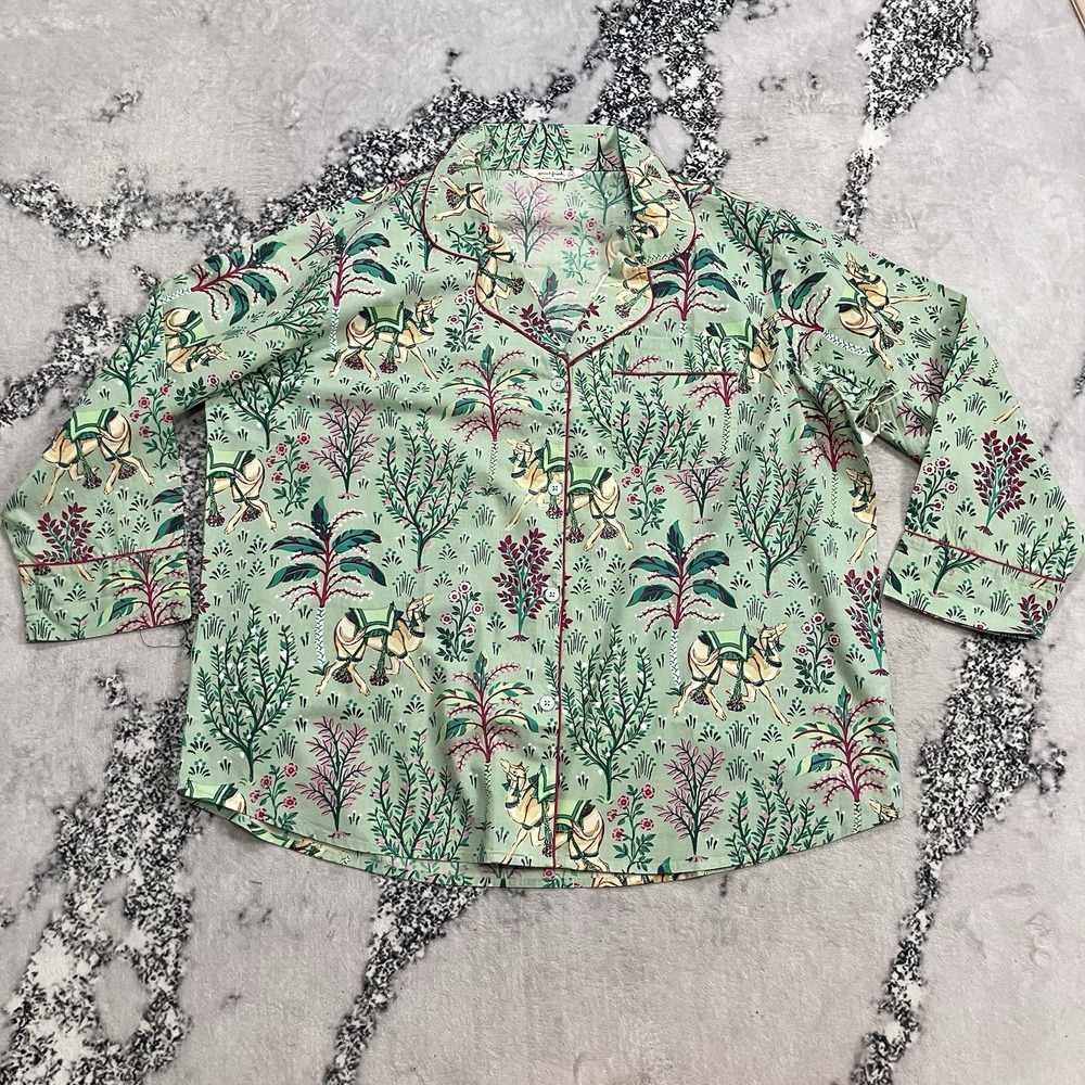 Printfresh Camel Courtyard Avocado Pajama Top Plus Size 2X Long Sleeve Button